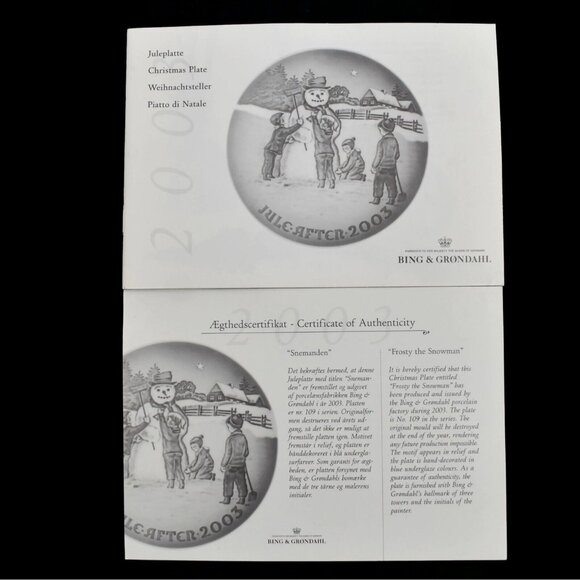 Bing and Grondahl Jule After 2003 Frosty The Snowman Christmas Plate Box COA - Picture 7 of 8